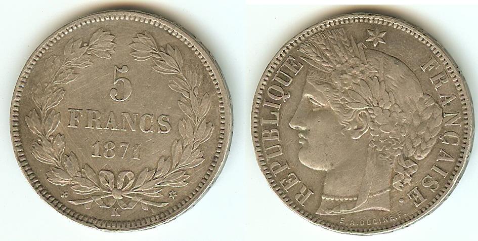 5 Francs Cérès sans légende 1871K Bordeaux TTB+ à SUP-